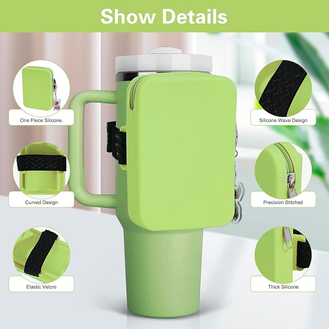 Water Bottle Pouch for Stanley Tumbler,Silicone Waterproof Fanny Pack for Stanley Cup 30/40oz Universal,Large Capacity Durable Tumbler Pouch-Green