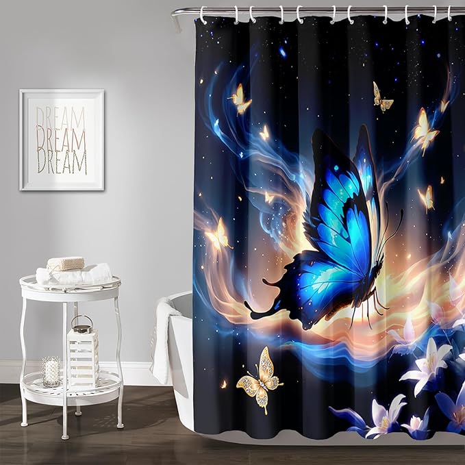 AILONEN Butterfly Shower Curtain,Blue Butterfly Bath Curtain for Girls Kids Women,Glowing Starry Flower Butterfly Decoration Bathroom Waterproof Curtain with 12 Plastic Hooks, 72" W*78" H