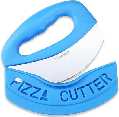 Premium Pizza Cutter Food Chopper-Super Sharp Blade Stainless Steel Pizza Cutter Rocker Slicer with Protective Sheath Multi Function Pizza Knife Kitchen Tools,Dishwasher Safe (Blue)