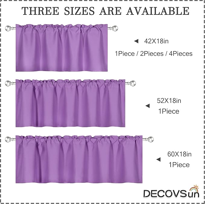 Light Purple Valance for Windows 60x18 Inch Solid Thermal Insulated Blackout Rod Pocket Kitchen Short Curtain Toppers Valance for Bathroom Living Room, Lilac Lavender