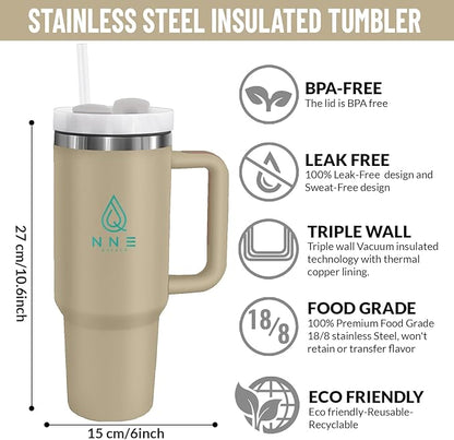 40oz stainless Steel Insulated Tumbler with Handle, lid and straw for cold water, Iced tea, or coffee - 100% Leak-Proof - Cupholder Friendly Travel Mug- Gifts for Women Men Him Her (Brown)