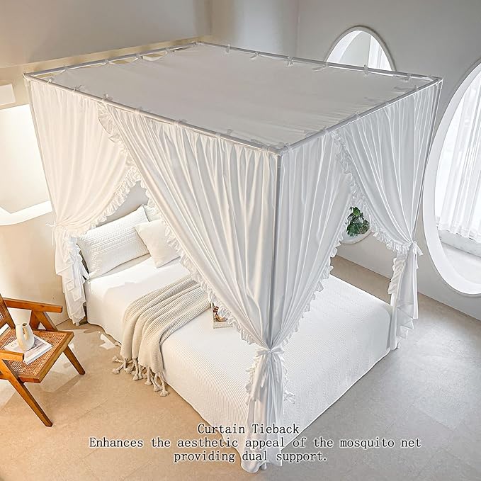 AIKASY Princess Canopy Bed Curtains with Top Ties - Windproof & Lightproof for Girls' Adult Bedroom Decor | Bed Canopy Drapes (King,White)