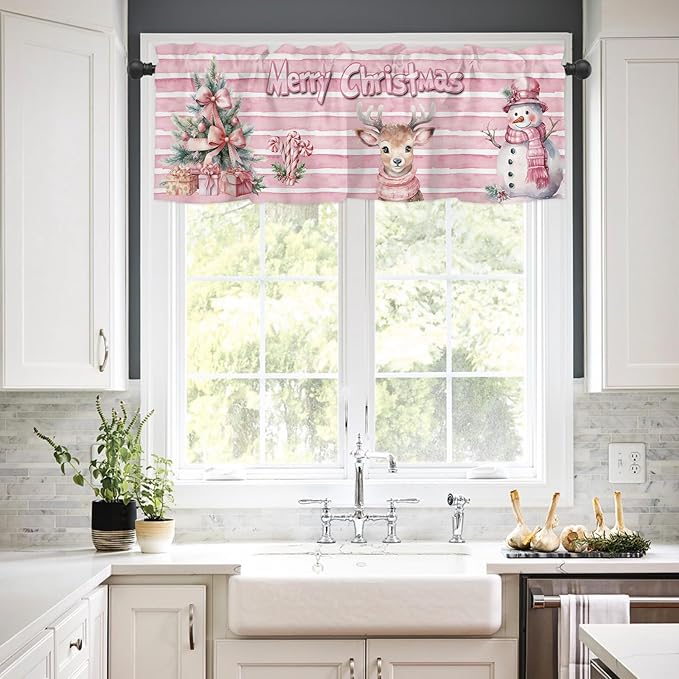 Pink Striped Window Valance for Bedroom Living Room, Pink Themed Christmas Window Curtain for Kitchen Bathroom, Cute Snowman and Reindeer Window Valance Rod Pocket Window Treatment, 54" W x 18" L