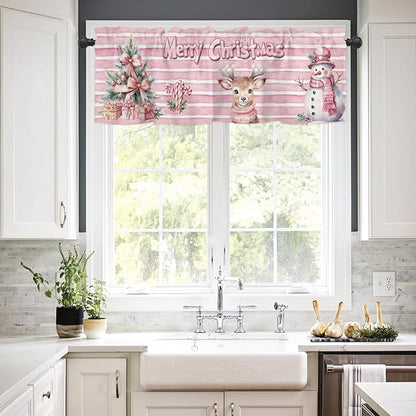 Pink Striped Window Valance for Bedroom Living Room, Pink Themed Christmas Window Curtain for Kitchen Bathroom, Cute Snowman and Reindeer Window Valance Rod Pocket Window Treatment, 54" W x 18" L