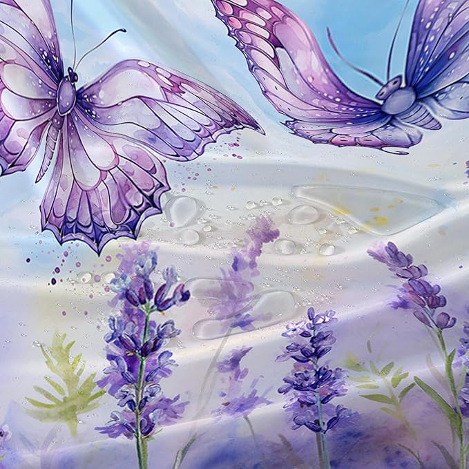 AILONEN Beautiful Butterfly Shower Curtain for Kids Girls Boys, Flying Butterfly Bath Curtains for Bathroom,Blossoming Lavender Flowers Shower Curtain Set with Hooks,60" W*72" H