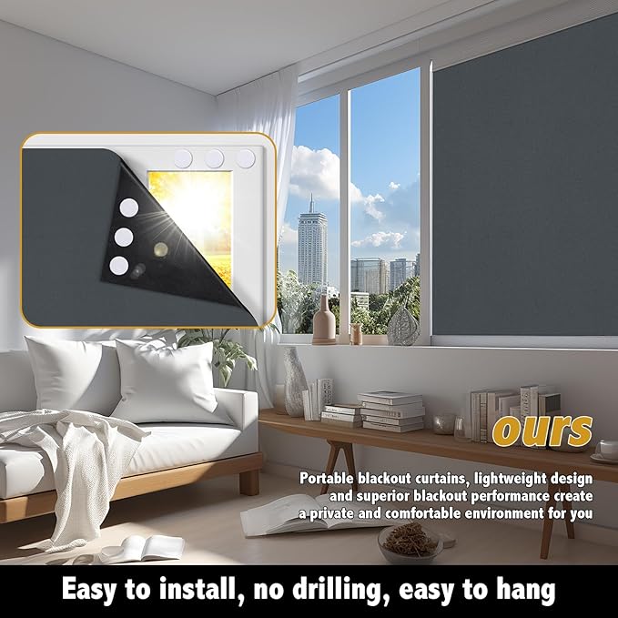 Portable Blackout Shades 100% Blackout Curtains for Bedroom Small Window Curtains No Light Kitchen Windows Insulated for Nursery for Baby Travel Curtain,Gray,56" W x 80" L,1 Panel