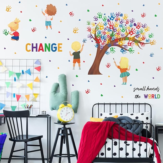 Children's Day Wall Decal Gifts for Kids Small Hands Change the World Equality Wall Stickers 2 Sheet of 82pcs Classroom Wall Decals Colorful Inspirational Quotes Wall Sticker for Reading Room Playroom