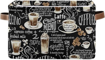 Wamika Black Coffee Beans Storage Basket Fabric Laundry Baskets Cappuccino Latte Chocolate Cocoa Storage Boxes Organizer Bag for Baby Cloth Dog Toy Book Storage Cubes Shelf Closet Bins 16x12x8 Inches