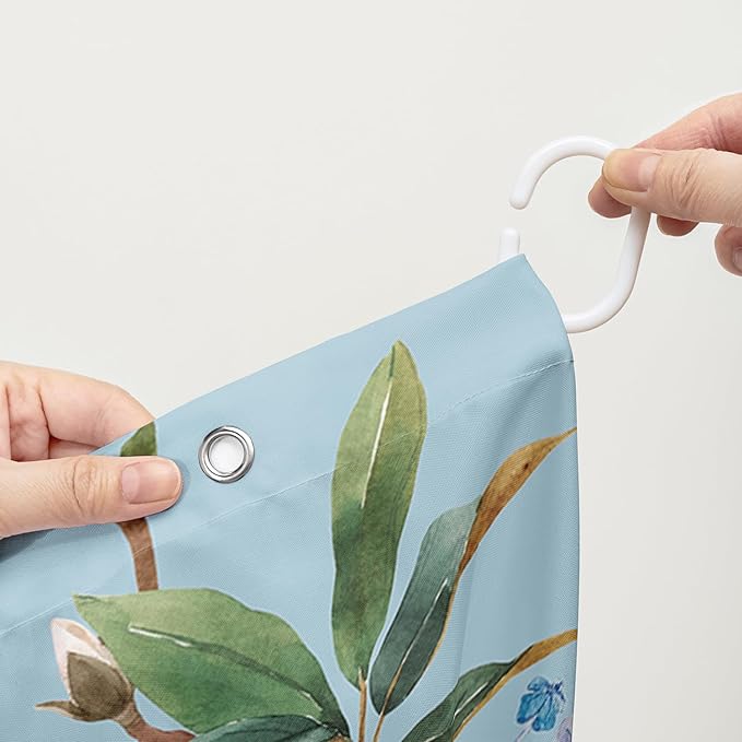 AILONEN Flower Shower Curtain, White Gardenia on Blue Background Fabric Shower Curtains for Bathroom,Elegant Floral Pattern Shower Curtain Set for Girls Women Couple,72" W*84" H