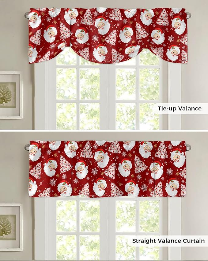 Red Christmas Blackout Tie Up Valance Curtains for Kitchen Windows Santa Claus Merry Christmas Tree Window Toppers Balloon Shades for Living Room/Bathroom/Bedroom,1 Panel, 42" X 12", Winter Snowflake
