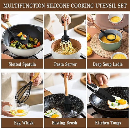 Kitchen Utensils Set, 33 pcs Non-Stick Silicone Cooking Utensils Set, Heat-Resistant Silicone, Wooden Utensils for Cooking, Kitchen Gadgets Spatula Set, Apartment Essentials Kitchen Set (Black)