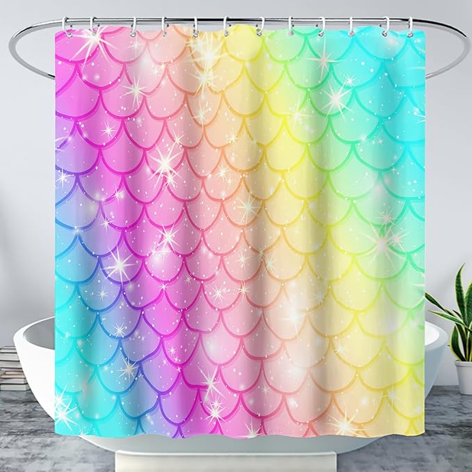 AILONEN Mermaid Scale Shower Curtain,Rainbow Mermaid Scale Bath Curtain Gifts for Girls,Polyester Waterproof for Bathroom with 12 Plastic Hooks 72" W*96" H