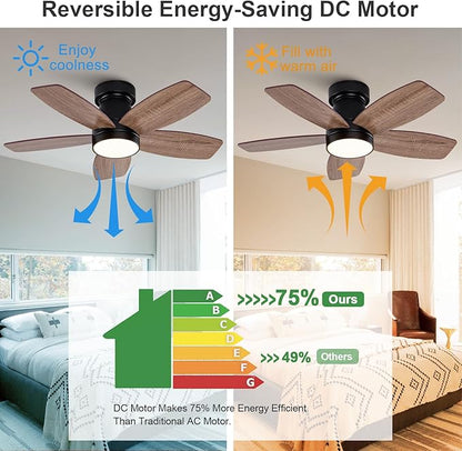 30 inch Ceiling Fans with Lights and Remote,Flush Mount Black Ceiling Fan,Memory Fuction Reversible Quiet DC Motor Low Profile Ceiling Fans For Living Room Bedroom Indoor Outdoor(Black Walnut)