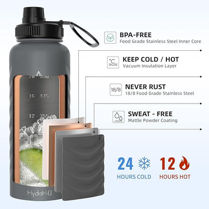 24 oz Insulated Water Bottle - Gray Water Bottle with Straw (Straw Lid & Spout Lid) & Silicone Handle & Boot - Wide Mouth Stainless Steel Water Bottles - BPA Free - (Gray, 750ml)