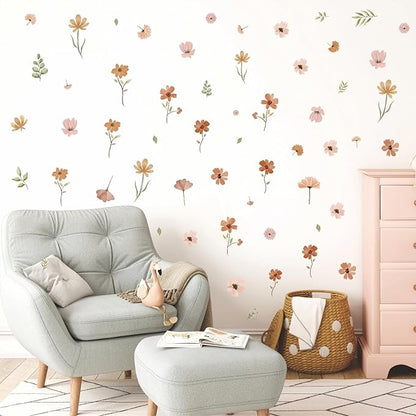 Small Flowers Wall Sticker Boho Floral Leaf Wall Decal Watercolor Botanical Leaves Wall Decals Plants Flowers Wall Stickers Removable Retro Floral Wall Decals for Nursery Bedroom Decor