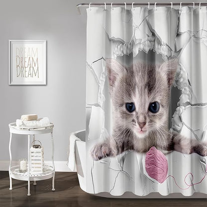 AILONEN 3D Kawaii Cat Shower Curtain, Beautiful Fuzzy Ball Kitten Shower Curtain for Kids Girls Boys Bathroom Decor,Cute Pet Animal Cat Lover Waterproof Shower Curtains Sets with Hooks,60" W*72" H