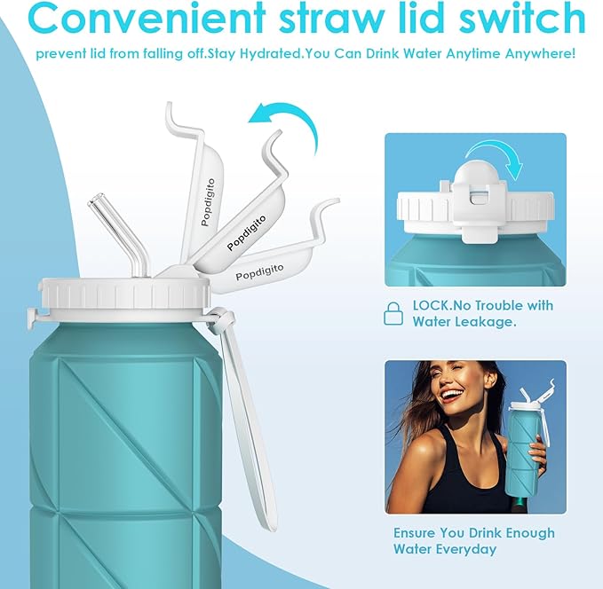 690ML Collapsible Water Bottles Reusable Leak Proof Silicone Water Bottle BPA Free Durable Foldable Sports Bottles & straw 23oz Lightweight Bottle for Gym Hiking Biking Camping Travel Bottle