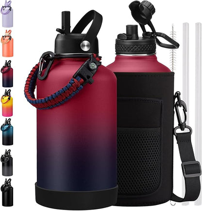 64 OZ Insulated Water Bottles with Straw & Spout Lids, Waterbottle Carrier with Strap, Protective Boot & Paracord Handle, Half Gallon Water Bottle 64oz Stainless Steel Water Canteen for Sports Gym