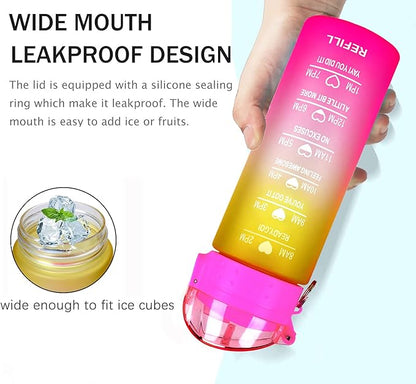 XACIOA Water Bottle with Straw,18oz Plastic Cup with Motivational Time Marker,1L Tritan Sport Lightweight Leakproof BPA-Free,Wide Mouth Fast Flow Ensure You Have Times to Drink,with Straw & Cup Brush