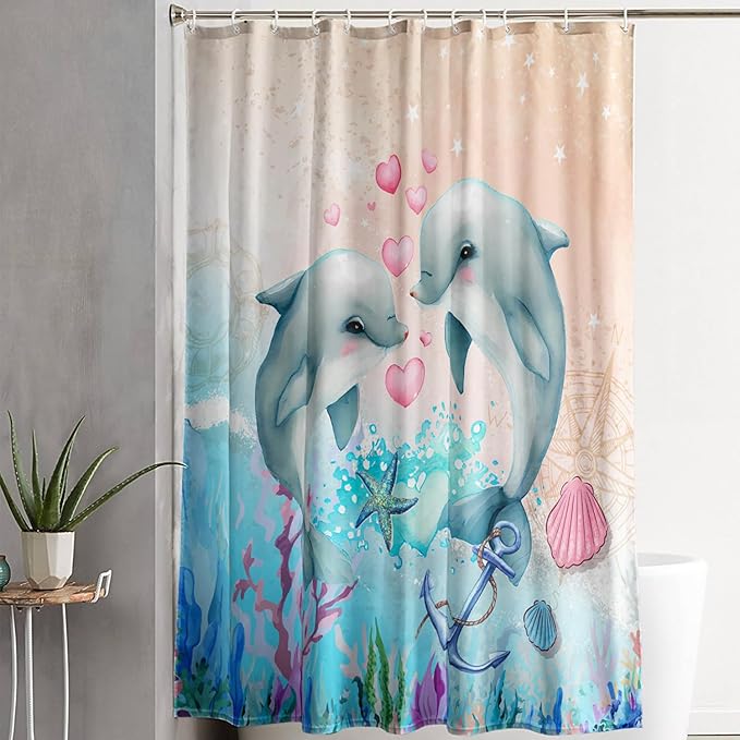 AILONEN Catrtoon Dolphin Shower Curtain Bathroom 72" W*78" H Kawaii Jumping Dolphin Curtain Cloth Fabric Bathroom for Kids Girls,Ocean Theme Shower Curtain Set