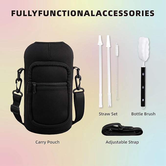 64oz Insulated Water Bottle With Handle, Stainless Steel Thermos With Straw, Water Bottle Holder With Strap, Half Gallon Water Jug, For Water, Iced Tea Or Coffee, On Gym,(Black)