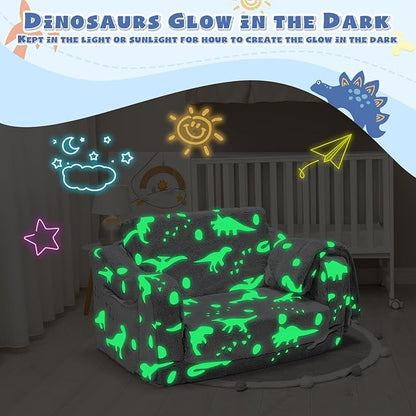 2-in-1 Toddler Chairs Comfy, Toddler Couches That Fold Out,Glow in The Dark, Extra Wide Kids Chairs for Toddler, Baby Couch for 1-3 Year Old, Gifts for Girls & Boys, Gray