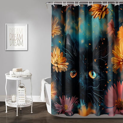 AILONEN Cute Black Cat Shower Curtain Set, Yellow Flower Kitty Cloth Shower Curtain Curtain for Bathroom,Cat Lovers Animal Shower Curtain Liner for Kids Boys Girls,72" W*96" H