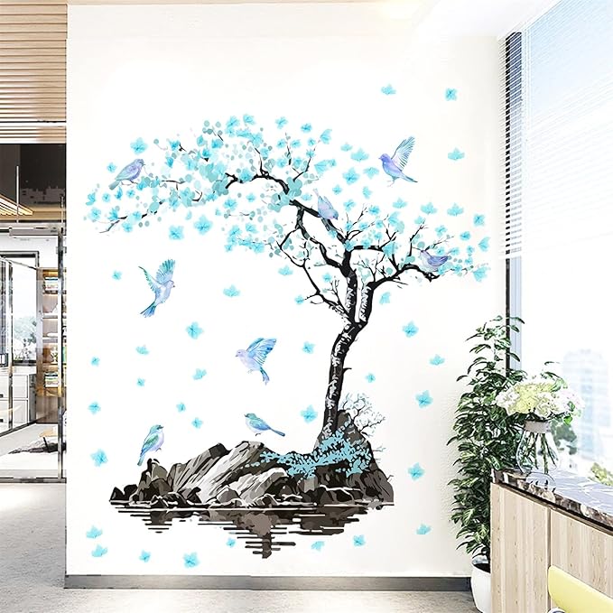Large Flower Tree Wall Decals Blue Blossom Floral Wall Stickers Peel and Stick Wall Art Mural for Girls Bedroom Living Room Watercolor Bird Tree Branch Wall Stickers for Kitchen TV Background Decor