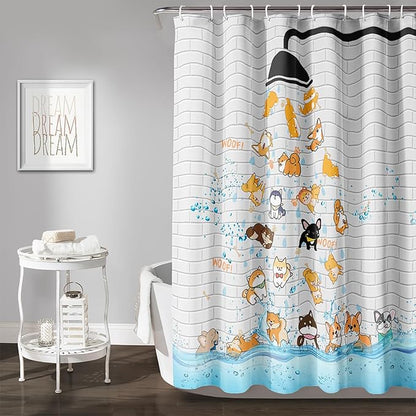AILONEN Cute Corgi Shower Curtain for Kids 72" W*78" H Inch,Funny Dog Cartoon Corgi Animals Playing Water Shower Curtains,12 Pack Hooks Polyester Waterproof Fabric Decor for Bathroom Bathtub Panels