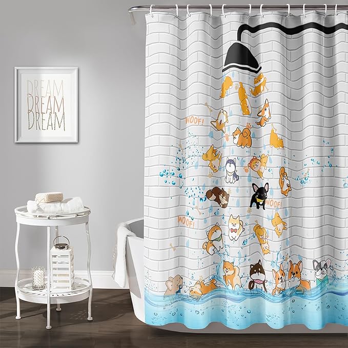 AILONEN Cute Corgi Shower Curtain for Kids 72" W*84" H Inch,Funny Dog Cartoon Corgi Animals Playing Water Shower Curtains,12 Pack Hooks Polyester Waterproof Fabric Decor for Bathroom Bathtub Panels