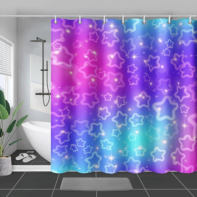 AILONEN Stars Shower Curtain, Dream Blue-Violet Gradient Theme Fabric Shower Curtains for Bathroom,Shining Stars Shower Curtain Liner for Girls Teen,36" W*72" H