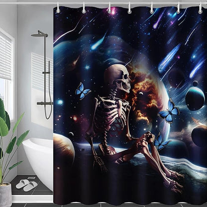 AILONEN Skull Shower Curtain for Kids,Solar System Skeleton Bath Curtain for Bathroom Decor,Galaxy Skull Polyester Waterproof with 12 Plastic Hooks for Boys Girls 48" W*72" H