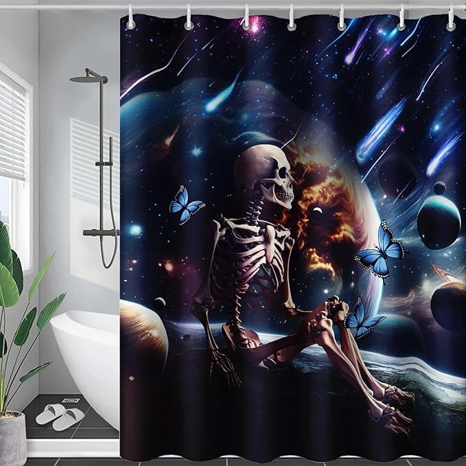 AILONEN Skull Shower Curtain for Kids,Solar System Skeleton Bath Curtain for Bathroom Decor,Galaxy Skull Polyester Waterproof with 12 Plastic Hooks for Boys Girls 72" W*84" H