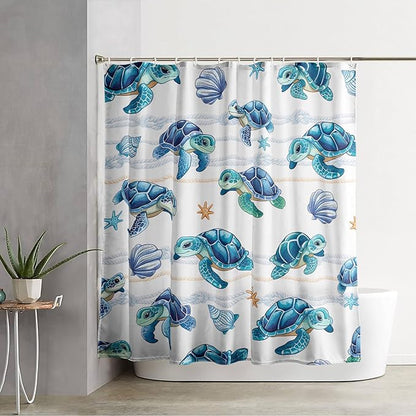 AILONEN Cute Sea Turtle Shower Curtain Set for Bathroom,Cartoon Turtle with Cowry Bath Curtain,Kawaii Ocean Animal Theme Waterproof Fabric Shower Curtain with Hooks,72" W*78" H