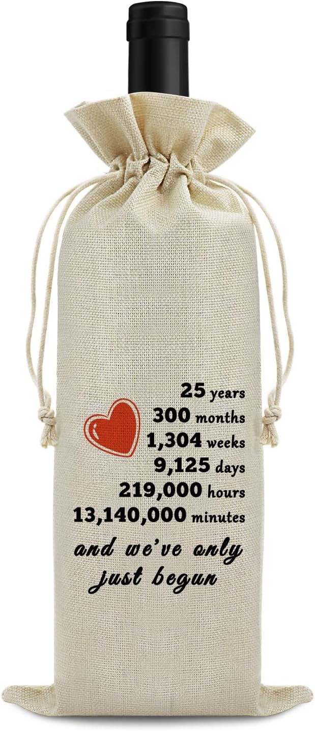 25th Year Marriage Gift for Couple Wife Husband Wine Bag 25th Anniversary Wedding Gift for Women Men Wine Gift Bag Birthday Christmas Valentine Gift for Him Her Drawstring Wine Wrapping Bag