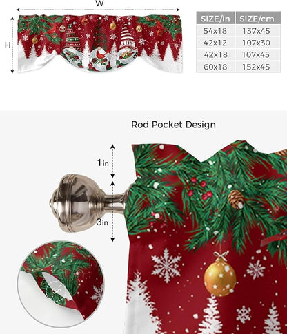 Christmas Gnomes Blackout Tie Up Valance Curtains for Kitchen Windows Red Winter Holidays Window Toppers Balloon Shades for Living Room/Bathroom/Bedroom,1 Panel,60" X 18" White Snowflakes Xmas Trees