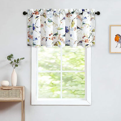 Leeva Birds Vines Printed Curtains Valances for Kitchen Bath Laundry Bedroom Living Room, Rod Pocket Valance for Windows, 52 x 18 Inch, Blue Birds