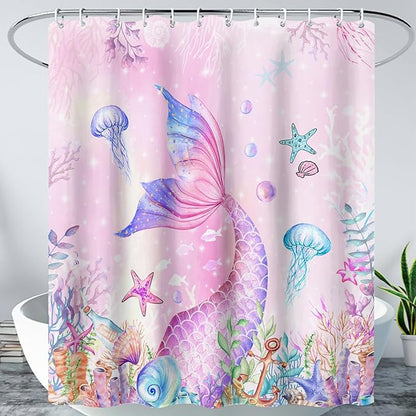 AILONEN Mermaid Shower Curtain for Kids Women Girls, Pink Ocean Coral Jellyfish Coast Bathroom Curtain,Mermaid Tail Print Bath Curtain 48" W*72" H Polyester Waterproof Shower Curtain with 12 Hooks