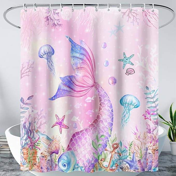 AILONEN Mermaid Shower Curtain for Kids Women Girls, Pink Ocean Coral Jellyfish Coast Bathroom Curtain,Mermaid Tail Print Bath Curtain 72" W*78" H Polyester Waterproof Shower Curtain with 12 Hooks