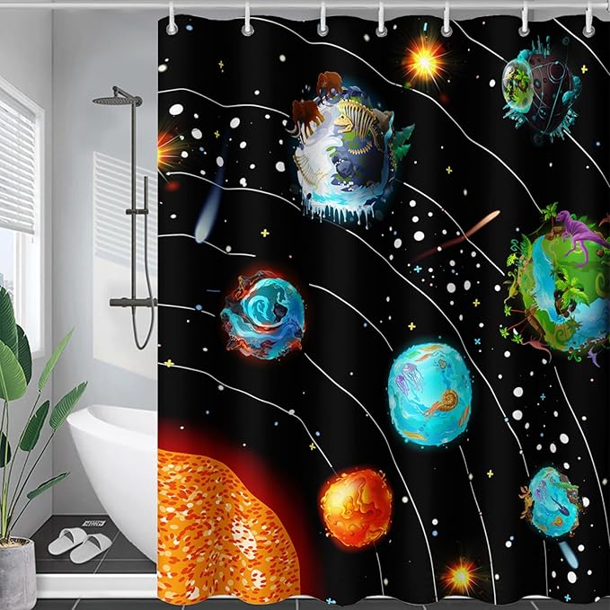 AILONEN Solar System Shower Curtains,Star Trek Bath Curtains for Bathroom Decor,Planet Galaxy Polyester Waterproof for Bathroom with 12 Hooks,48" W*72" H