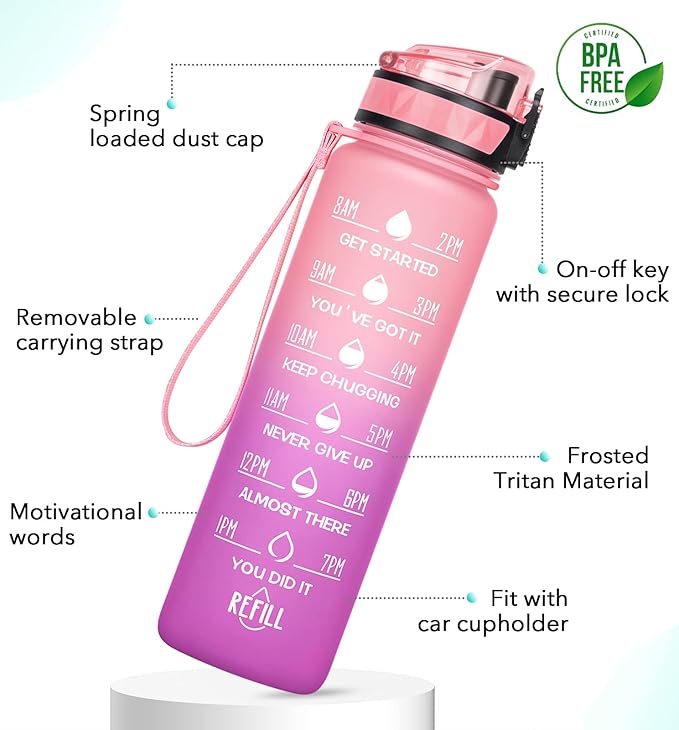 32oz/26oz Motivational Water Bottle with Time Marker & Fruit Strainer, Leak-proof BPA Free Non-Toxic 1l Bottle with Carrying Strap, Perfect for Fitness, Gym and Outdoor Sports, Plastic
