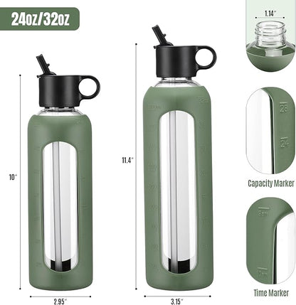 24oz Glass Water Bottle With 2 Lids-Flip Straw Lid, Bamboo Lid, Glass Water Bottle With Silicone Sleeve, Motivational Time Marker, Glass Juice Bottle for Cold Drink,Plive