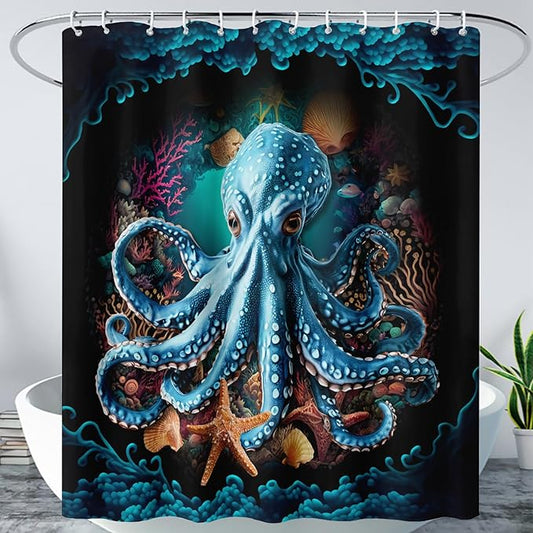 AILONEN Cartoon Blue Octopus Shower Curtain for Bathroom,Funny Octopus Bath Curtain for Kids,Boys,Girls,Ocean Animal Starfish Theme Waterproof Fabric Shower Curtain Set with Hooks,60" W*72" H