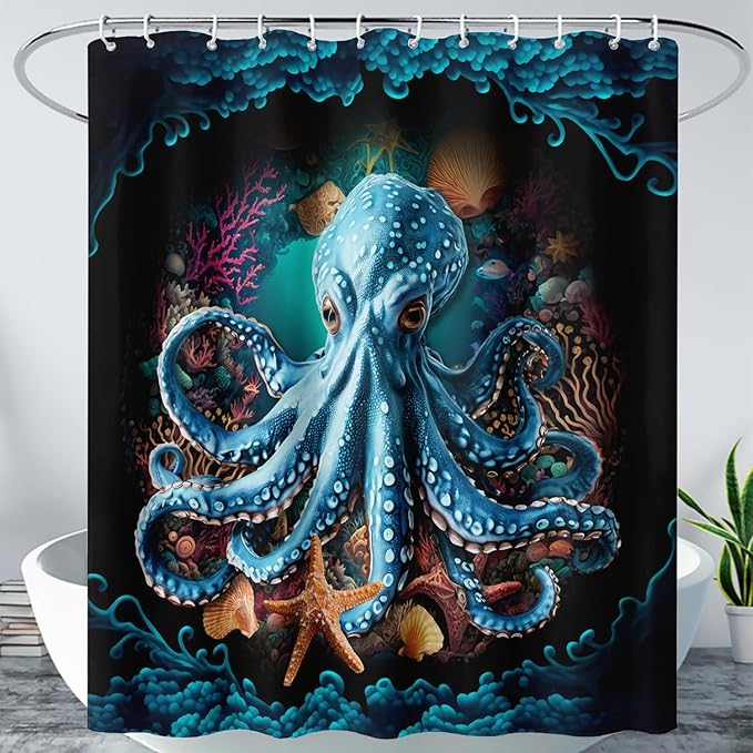 AILONEN Cartoon Blue Octopus Shower Curtain for Bathroom,Funny Octopus Bath Curtain for Kids,Boys,Girls,Ocean Animal Starfish Theme Waterproof Fabric Shower Curtain Set with Hooks,36" W*72" H