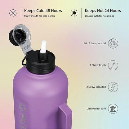 64oz Insulated Water Bottle With Handle, Stainless Steel Thermos With Straw, Water Bottle Holder With Strap, Half Gallon Water Jug, For Water, Iced Tea Or Coffee, On Gym, Black (Purple)