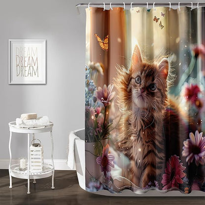 AILONEN Kawaii Cat Shower Curtain Set, Beautiful Kitty with Butterfly Waterproof Fabric Shower Curtain for Kids Boys,Cat Lovers Animal Design Shower Curtain for Bathroom,72" W*84" H