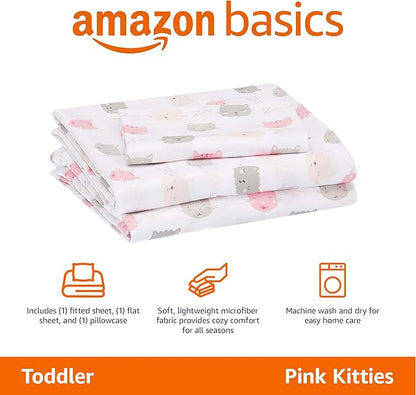 Amazon Basics Kid's Soft Easy-Wash Lightweight Microfiber 3-Piece Sheet Set, Toddler, Pink Kitties