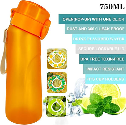 Air Water Bottle,750ML Scent Water Cup with 3 Flavour Pods,Leak Proof Sports Water Cup with Straw Suitable for Outdoor Sports,Gifts From Friends, Birthday Gifts (New Orange + 3pods)