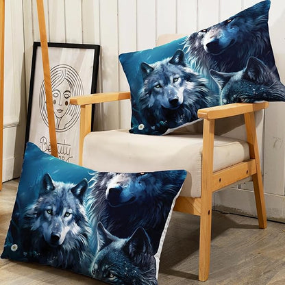 AILONEN Boys Wolf Fitted Sheet Set Queen Size, 3 Pieces Wildlife Bed Sheet Set,Evening Moon Wolf Sheet Set for Boys Teen Men,Wolves Print Fitted Sheet with 2 Pillowcases