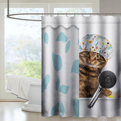 AILONEN Funny Cat with Shower Cap Shower Curtain for Kids 72" W*96" H Inch,Cute Kitten Taking Shower Bathroom Curtain,12 Pack Hooks Polyester Waterproof Fabric Decor for Bathroom,Blue
